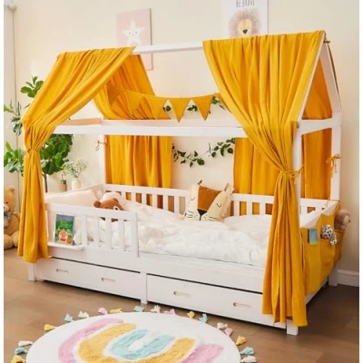 Afbeelding van Alavya Home® Decoratieset voor bed, 3 delig, 2 stuks bedhemel, 1 stuk vlaggetjesslinger van 300 cm lang, kinderbed, kinderkamer, 100% biologisch mousseline katoen, GOTS gecertificeerd, 125 x 350