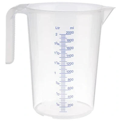Afbeelding van APS Maatbeker 2 liter, diameter 15 x hoogte 20,5 cm, kunststof beker met reliëf meetschaal aan de buitenkant, open handvat, L/ml verdeling, vaatwasmachinebestendig