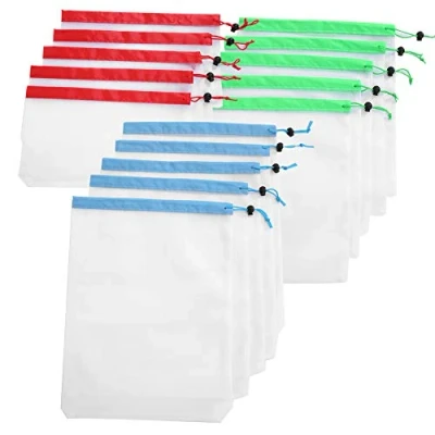 Afbeelding van mesh polyester tas, 15 stuks trekkoord zakken herbruikbare opbergtas voor diversen speelgoed fruit groente, Wit