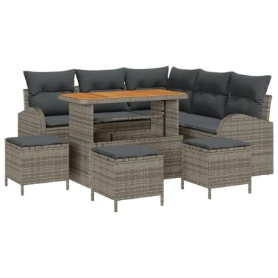 Afbeelding van vidaXL 9 delige Tuin Sofa Set met Kussens Grijs Poly Rattan Acacia, 2 Zits Rattan, 4 delig Eetset Acacia