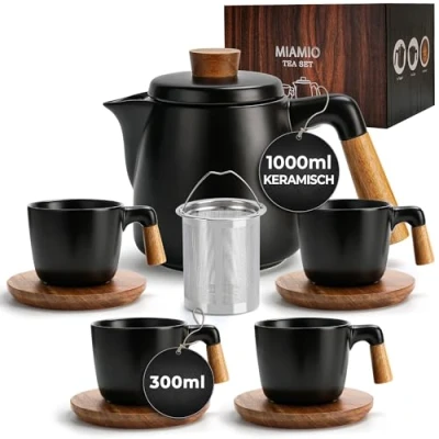 Afbeelding van Miamio 1000 ml keramische theepot set met thee ei en kopjes/theezeef, 4 mokken (300 ml), bamboe schotels/handvat voor thuis kantoor (Zwarte)