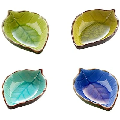Afbeelding van ProLeo 4 stuks mini schaaltjes keramische bladeren vorm handgemaakte sauzen schalen van keramiek, set kleuren