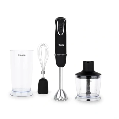 Afbeelding van H.Koenig Handmixer 4 in 1 MIX75, Roestvrijstaal, 850W, Staafmixer, Functies, Turbo 5 Snelheden, Multifunctionele Hakmolen, Mixer, Haspel, Soep&amp;Puree, Ergonomisch, Zwart