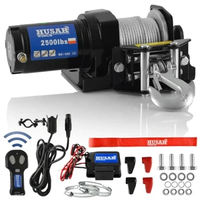 Afbeelding van Husar Winch Elektrische lier 12 V, 1133 kg, draadkabel 10 meter lang, zeer sterk, draadloze bediening, automatische rem, montageset, ideaal voor quads en ATV/UTV