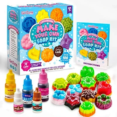 Afbeelding van GirlZone Little Artisan Maak je eigen zeepkit, meer dan 100 geweldige stukken in één zeepset om 12 cakezeep voor kinderen te maken met lekkere geuren en kleuren