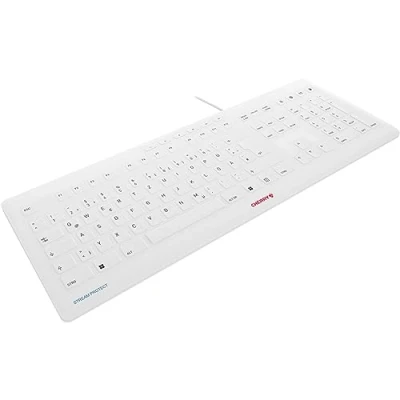 Afbeelding van CHERRY STREAM PROTECT KEYBOARD, bedraad toetsenbord met verwijderbare siliconen toetsenbordbeschermer, Duitse indeling (QWERTZ), plat ontwerp, desinfecteerbaar, wit grijs