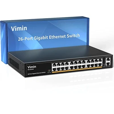 Afbeelding van VIMIN 26 poorts Gigabit Ethernet Switch met 2 uplinkpoorten 1000 Mbit/s, 24 onbeheerde netwerkswitch ondersteunt IEEE802.3af/at, VLAN, metalen behuizing, desktop, 19 inch rackmontage