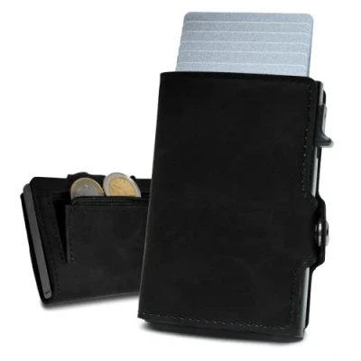 Afbeelding van slimfin® Slim Wallet met muntzakje kaarthouder RFID bescherming pop up portemonnee mini voor mannen en vrouwen slanke lichtgewicht zwart
