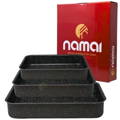 Afbeelding van NAMAI Set van 3 rechthoekige bakplaten, lasagne antiaanbaklaag, vaatwasmachinebestendig, aluminium, steenlook (set met bakplaten voor oven 1)