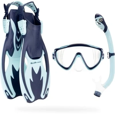 Afbeelding van CRESSI Tinetto Rocks Dry Set Blue Navy/Ice Cyan S/M Snorkelset voor Kinderen Kort Verstelbare Vinnen, Siliconenmasker en Droog Snorkel, Blauw Navy/ijs cyaan,