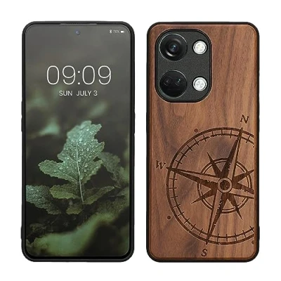 Afbeelding van kwmobile telefoonhoesje geschikt voorOnePlus Nord 3 5G Hoesje met bumper walnoothout In donkerbruin Vintage Kompas design