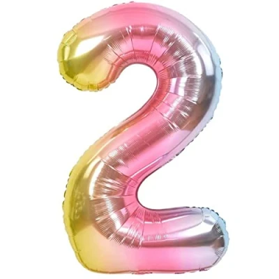 Afbeelding van Ballon 2e Verjaardag Nummer 2 Pastel Veelkleurig XXL Gigantische Folieballon 100 cm Decoratie Ballonnummer Deco voor Verjaardag. Vliegt met Helium.