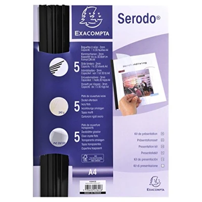 Afbeelding van Exacompta 428432 presentatieset Serodo DIN A4: 5 zwarte klemrails 3 mm, deksels ivoor, glashelder van PVC 200μ capaciteit tot 30 vellen ideaal voor sollicitaties, mappen, documenten
