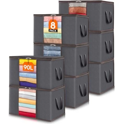 Afbeelding van Lifewit Grote Capaciteit Kleding Opbergtas Organizer met Versterkte Handvat Dikke Stof Voor Dekbedden, Dekens, Beddengoed, Opvouwbaar Stevige Rits, Doorzichtig Venster, 8 Pack, 90L, Grijs