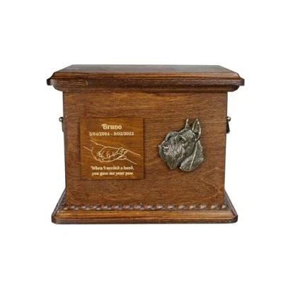 Afbeelding van Art Dog Urn voor hondenas Handgemaakt gedenkteken met reliëf, gepersonaliseerde gravure en koudgegoten bronzen buste 8,3x11,4x8,7 Schnauzer