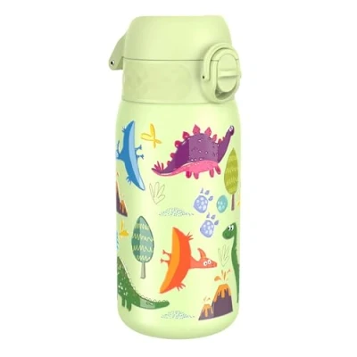 Afbeelding van ION8 Roestvrijstalen Kinderwaterfles, 400 ml/13 oz, Lekvrij, Makkelijk te Openen, Veilige Vergrendeling, Vaatwasserbestendig, Flipdop, Draaggreep, Duurzaam, Metalen Drinkfles, Dinosaurussen Design