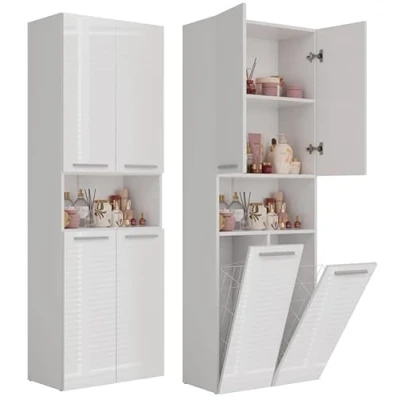 Afbeelding van BDW Badkamerkast, 2 wasmand, deuren 174 x 60 30 cm onderkast, wastafelonderkast, hoge kast, badkamermeubel, badkamerrek (wit glanzend)
