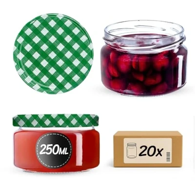 Afbeelding van KADAX Kleine inmaakpotten, 250 ml, jampotten met deksel, luchtdichte potten om cadeau te geven, mini voor honing en specerijen (20 stuks, groen geruit)
