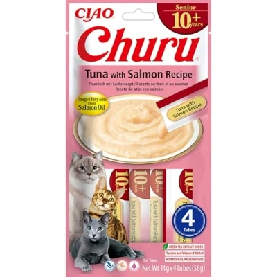 Afbeelding van INABA Churu kat Senior 10+ Puree Tonijn met zalm