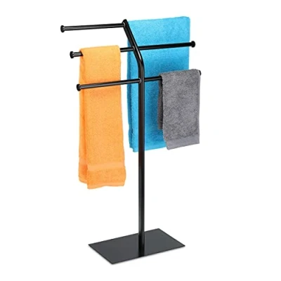 Afbeelding van Relaxdays handdoekrek met 3 stangen staande handdoekenhouder handdoekenrek zwart staal