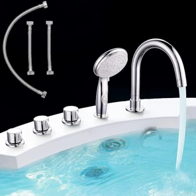 Afbeelding van Melko Badkuipkraan met handdouche 5 gaats badrandarmatuur chroom tegelrandarmatuur opzet waterval badkraan