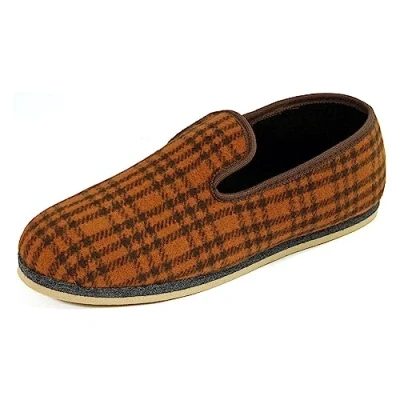 Afbeelding van Pantoffelmann Camelhaar instappers met rubberen zool, pantoffels in Oost strepenpatroon, verschillende maten, ademende vilten pantoffels, antislip, voor dames en heren, warm tussenvilt, Bruin geruit,