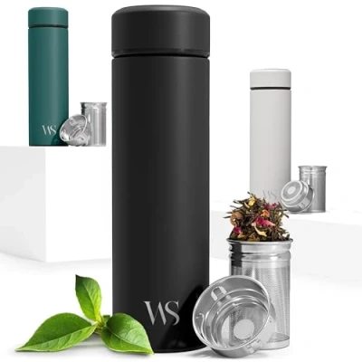 Afbeelding van Thermosfles Thee/Vruchte INFUSER 450 ml, BPA Vrij, RVS Lekvrij Geïsoleerd Water Bottle To Go + Theefilter Fruit Zeef 2 Delig Theefles Drinkfles Koffie Fles, Onderweg Kantoor Werk School Sport