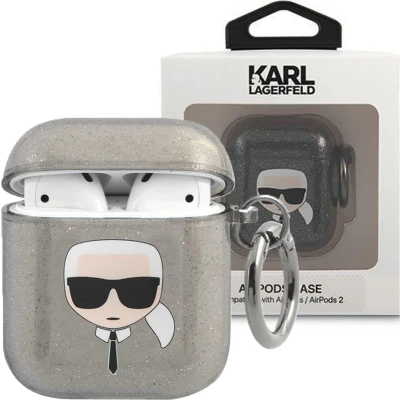 Afbeelding van Karl Lagerfeld KLA2UKHGK AirPods cover zwart/zwart Glitter Karl`s Head
