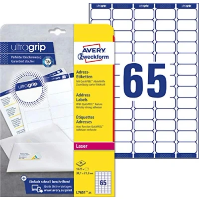 Afbeelding van AVERY Zweckform L7651 100 adresetiketten/adressticker (met ultra rip, 38,1 x 21,2 mm op A4 formaat, bedrukbaar, zelfklevend, ideaal als afzenderetiketten) wit 25 Blatt