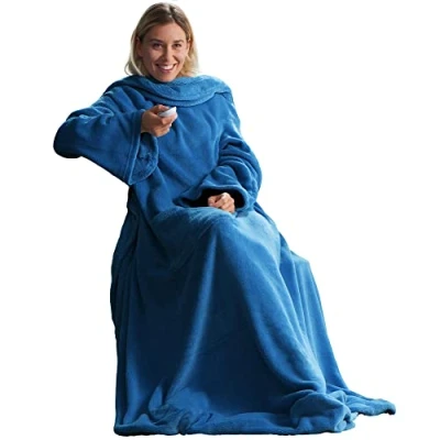 Afbeelding van CelinaTex TV deken knuffeldeken met mouwen en voettas XL 170 x 200 cm blauw koraal fleece sprei microvezel