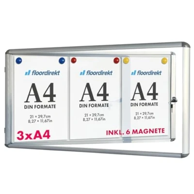 Afbeelding van Floodirekt showkast muur 3 x DIN A4 postershowcase met aluminium frame &amp; acrylglas incl. magneten infokast uithangkast magnetische beschrijfbare achterwand