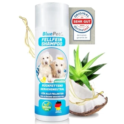Afbeelding van BluePet FellFein Hondenshampoo, gevoelig en geurneutraal, Made in Germany, hydraterende verzorgingsshampoo met aloë vera jojoba olie voor glanzende vacht gemakkelijk te kammen, 100% veganistisch