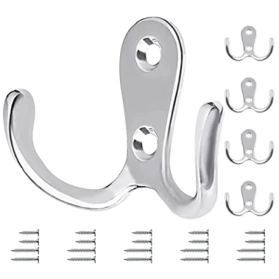 Afbeelding van Bolatus 5 stuks kledinghaken, zilver, garderobehaken, vintage, dubbele haken, wandhaken, metaal, retro, haken om te schroeven, voor keuken, badkamer, muur