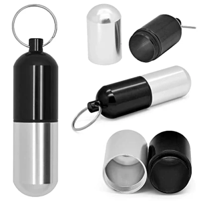 Afbeelding van Grenhaven CashStash, 5 cm grote geldcapsule, zilver zwart, pillendoos, sleutelhanger, opbergdoos, bankbiljetten, waterdichte tabletdoos, aluminium