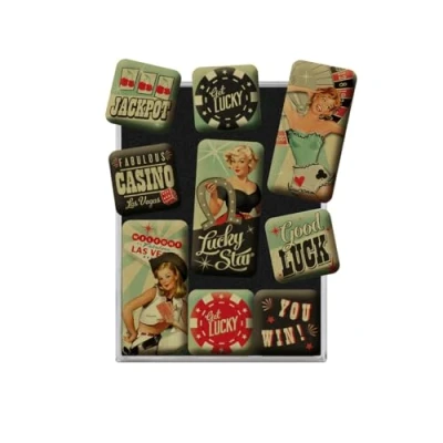 Afbeelding van Nostalgic Art Retro Koelkast Magneten, Pin Up Get Lucky Geschenkidee voor Las Vegas fans, Magneetset magneetbord, Vintage design, 9 stuks