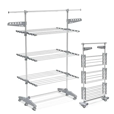Afbeelding van VOUNOT Droogrek voor binnen, ruimtebesparend torenkledingrek met opvouwbare vleugels, telescopische stang en wielen, drooglengte van 23 m, 3 niveaus, zilver, 170 x 60 152 cm