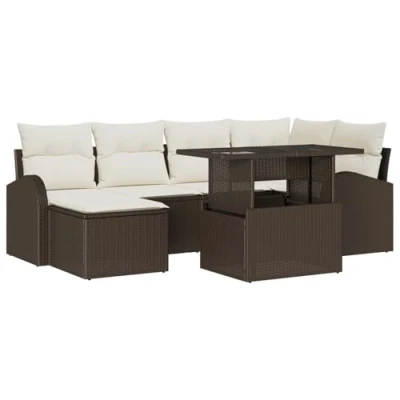 Afbeelding van vidaXL 7 delige Tuin Sofa Set met Kussens Bruin Poly Riet, 2 zitter Opslag &amp; Riet