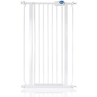 Afbeelding van Safetots Extra Hoog Smal Metalen Veiligheidshek Drukbevestiging, 68.5cm 75cm, Wit, Hoogte van 104cm, Traphek, Babyhekje, Eenvoudige Installatie