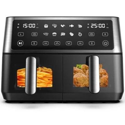 Afbeelding van Heteluchtfriteuse, 2 kamers met kijkvenster, 10 liter, Dual Zone XXL Airfryer, in 1 vooraf ingestelde programma&#039;s, touchscreen, intelligente synchronisatie en timer, energiebesparend, friteuse