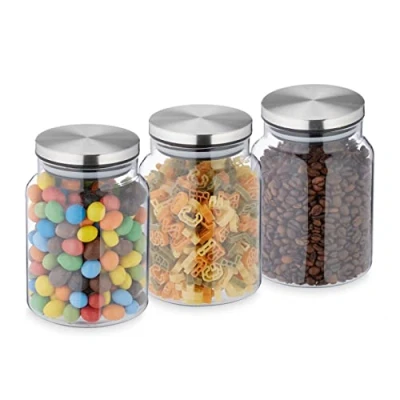 Afbeelding van Relaxdays voorraadpot rond set van 3 rvs deksel bewaarpot 700 ml glazen opbergpot