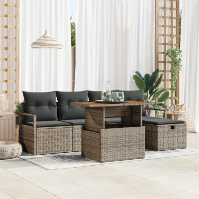 Afbeelding van vidaXL 6 delige Tuin Sofa Set met Kussens Grijs Poly Riet, 2 zits Opslag &amp; Riet