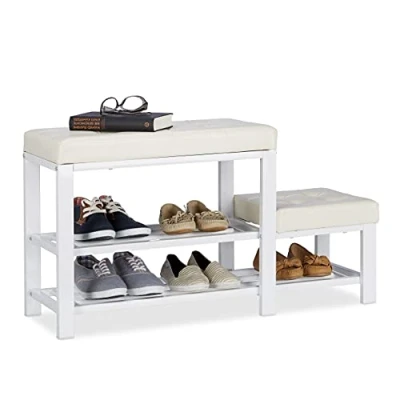 Afbeelding van Relaxdays schoenenbank met krukje, 2 etages, gepolsterd, voor kinderen, HBD 50x90,5x30,5 cm, schoenenrek, halbank, wit