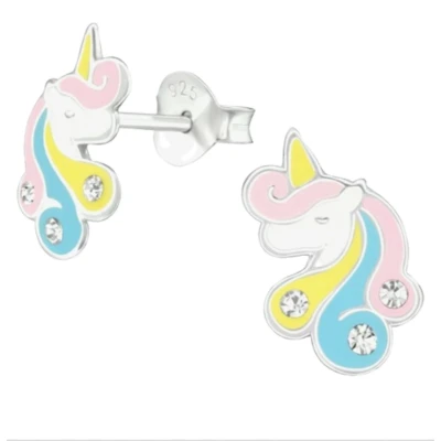 Afbeelding van JoyS Zilveren unicorn oorbellen 9 mm eenhoorn oorknoppen pastel kleurtjes