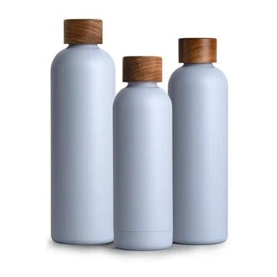 Afbeelding van Roestvrijstalen drinkfles, 500 ml, thermosfles, 0,5 l, met acaciahouten deksel, geïsoleerde waterfles, lekvrij bij koolzuur, thermosfles hemelsblauw