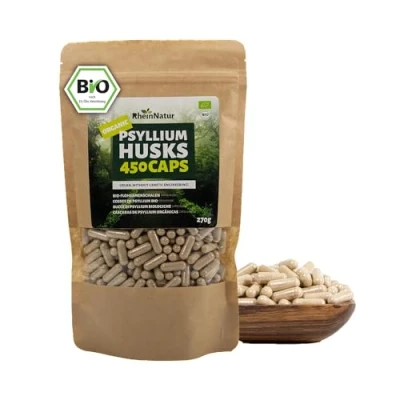 Afbeelding van RheinNatur Psyllium Husk Capsules Organic 450 stuks hoge dosering (3.660 mg per portie) Made in de Vezel Ondersteunt spijsvertering