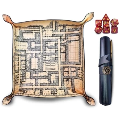 Afbeelding van Power Beast Dungeon Dobbelstenen bord met kaart, kubus onderlegger, kubusschaal, kubusplank, dobbelmat, kunstleer + 7 rollenspel dobbelstenen, polyedrische Dungeons and Dragons, D&amp;D
