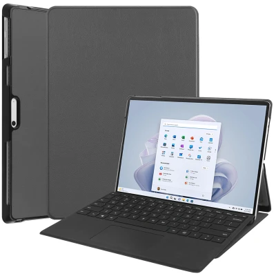 Afbeelding van Microsoft Surface Pro 9 Hoes: iMoshion Trifold Bookcase Grijs Kunstleder Tablet Hoezen