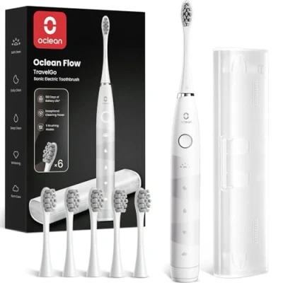 Afbeelding van Oclean Sonic Electric Toothbrush TravelGo FlowSet, 180 Days Battery Life, 76000 VPM Motor, 5 Modes, Waterproof, USB C Rechargeable, 6 Replacement Heads &amp; Travel Case, Eco friendly Packaging, White