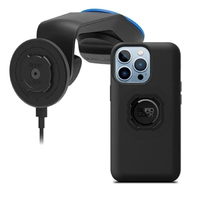 Afbeelding van Quad Lock Voorruit/Dashboard Telefoonhouder voor Auto met MAG Draadloze Oplaadkop V2 en Telefoonhoesje iPhone 13 Pro