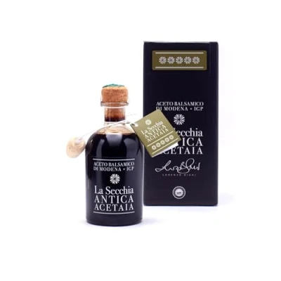 Afbeelding van La Secchia Balsamico azijn van Modena I.G.P. &quot;Cinque Stelle&quot; gerijpt in 20 vaten hoge dichtheid fles 250 ml met dop kurk.